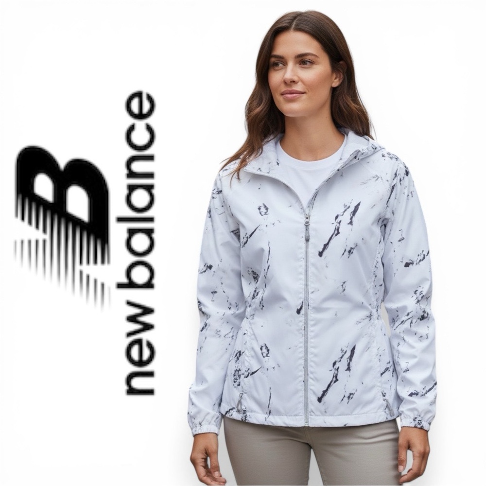New Balance Womens Windbreaker Jacket White Print Hooded Lightweight Size S